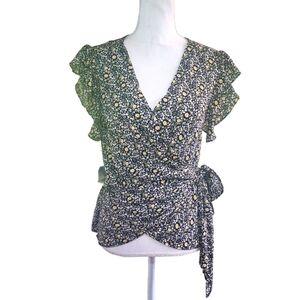 Max Studio Dainty Floral Print Belted Faux Wrap Top Flutter Sleeves Blouse Sz: M